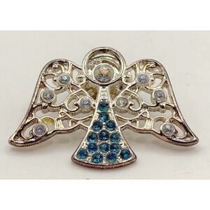 Silver Tone Angel with‎ Wings Lapel Pin Clear & Blue Rhinestones 1.5"